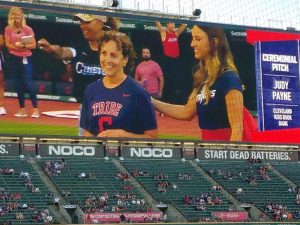 Cleveland Kids' Book Bank Executive Director Judy Payne preparing to throw out the first pitch at the Cleveland Indians game