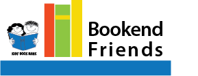 BookendFriendLogo colorful books with text Bookend Friends to right and Cleveland Kids' Book Bank logo to left serving as bookends