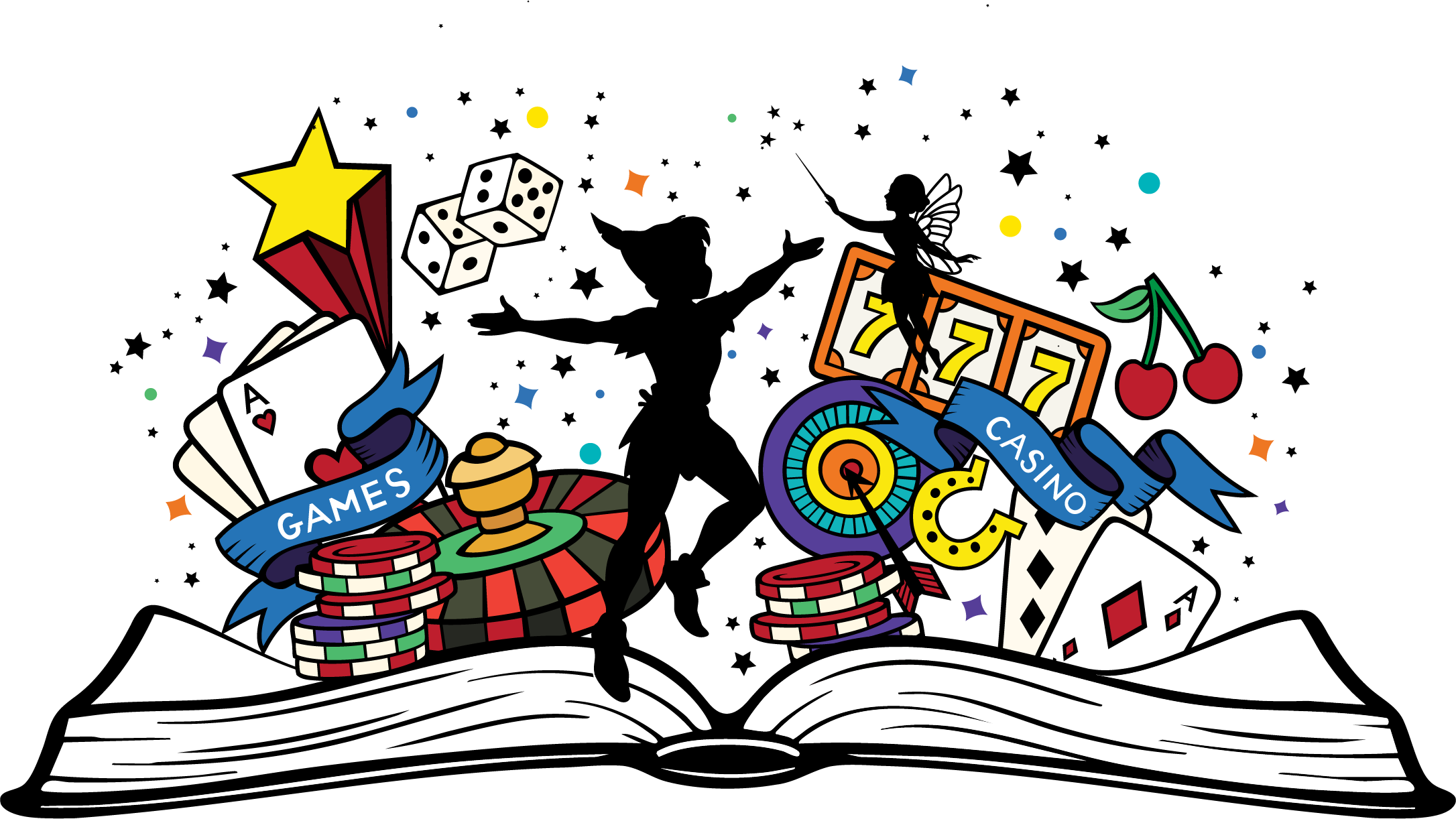 open book with casino graphics above